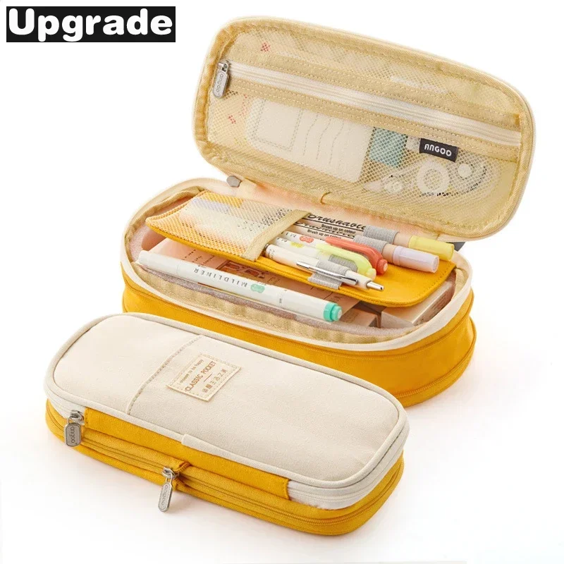Adorable Double Layer Macaron Canvas Pencil Case for Girls - Large Capacity Kawaii Stationery Pouch