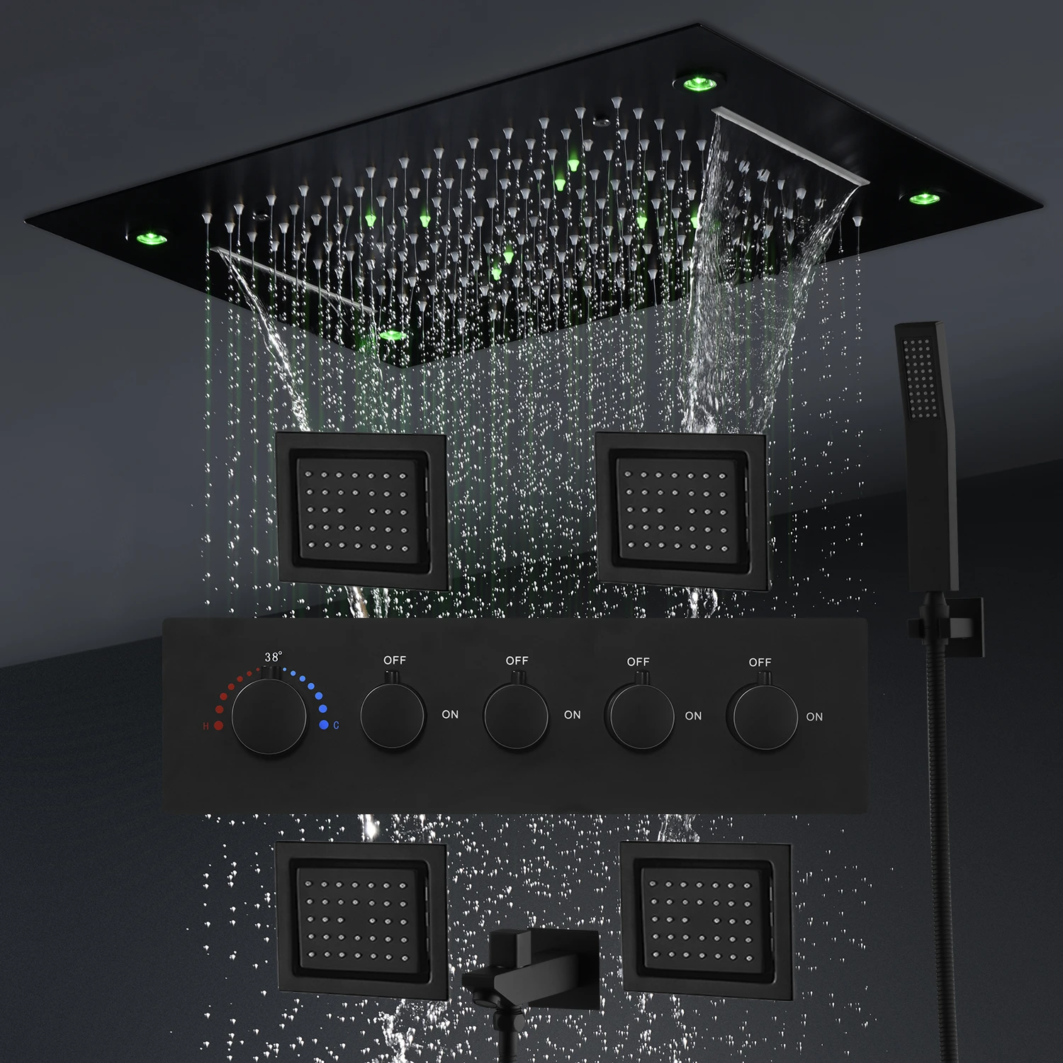 Black Led Shower Head Panel Rain Waterfall System Set Thermostatic