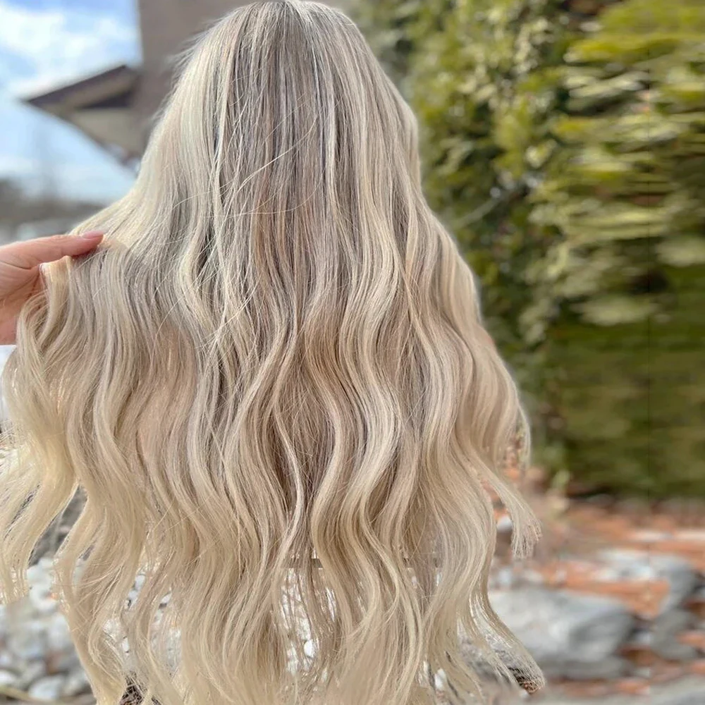 RONGDUOYI Ombre Ash Blonde Wave Hair Synthetic Wig Highlight Natural Hairline Heat Fiber Lace Front Wigs for Women