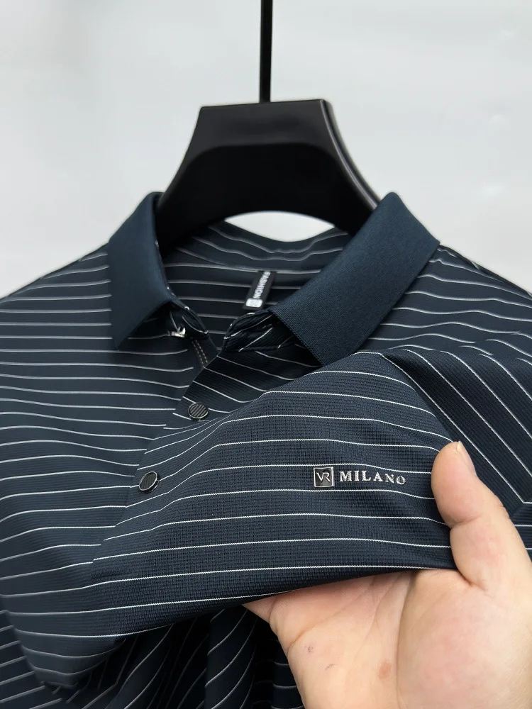 Advanced Ice Silk Breathable Short sleeve T-shirt for Men's 2024Summer New Trendy Stripe Letter Print Business Casual Polo Shirt 20 S36c9e3526644439a8d5ca6fabc39e7a5n