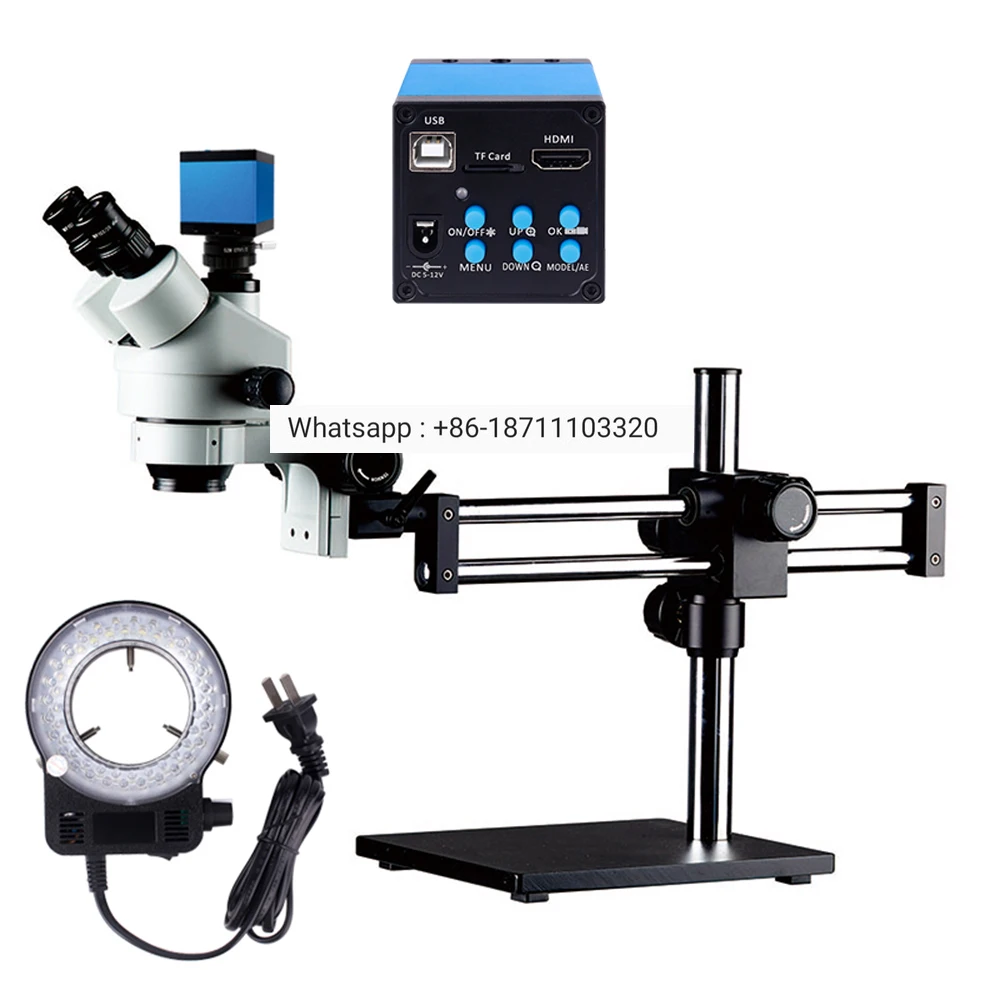 

Steady Base Double Boom Stand Microscope 7X-45X Zoom Trinocular Stereo with 16MP Digital Camera 56pcs LED light