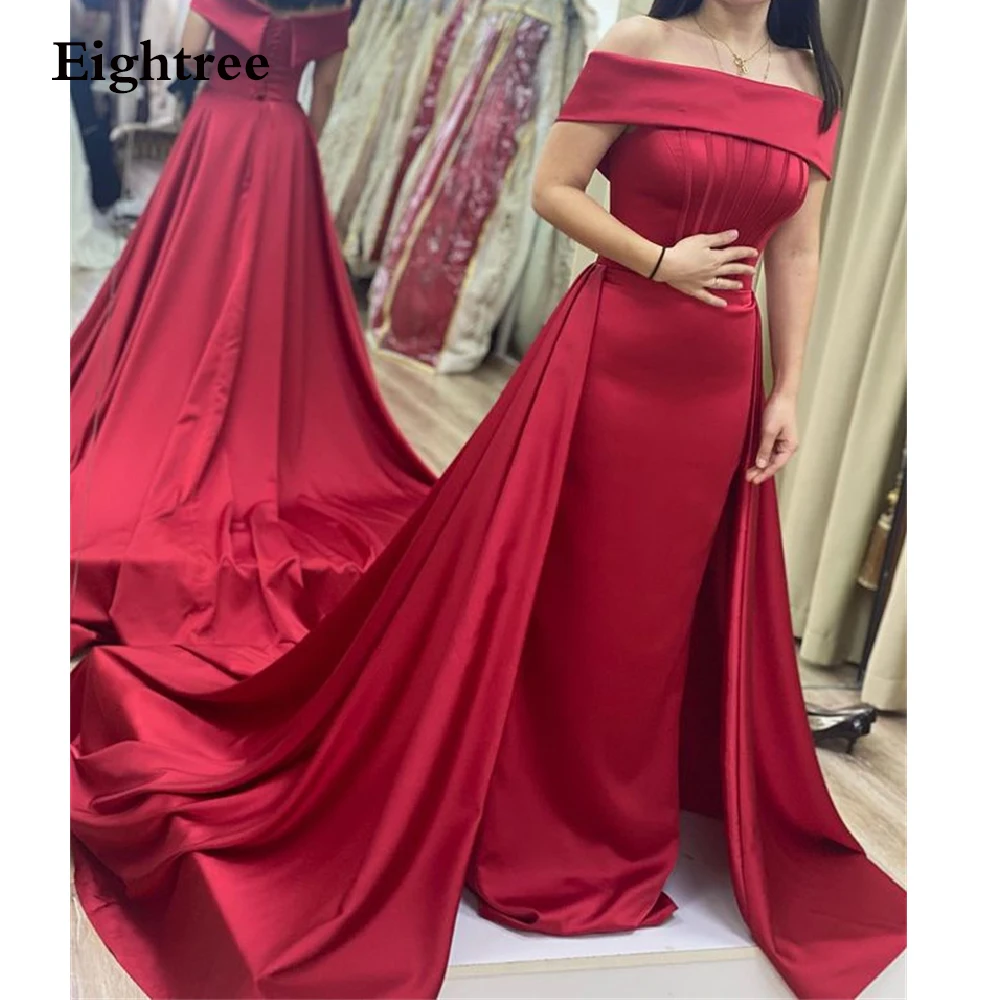 

Eightree Wine Red Off Shoulder Long Prom Evening Dresses Sleeveless Strapless Satin Vestidos de festa Formal Party Night Gowns