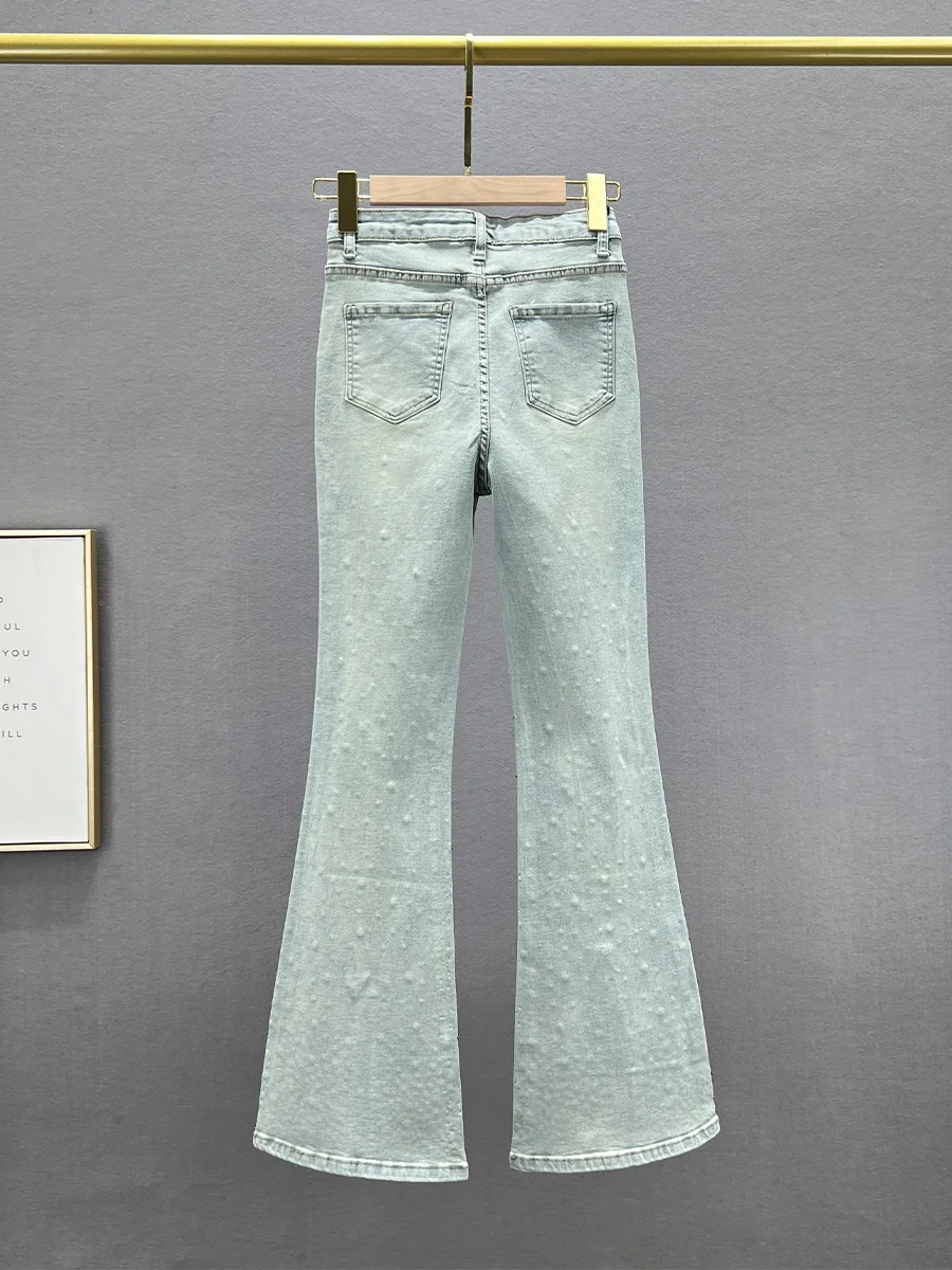 Woman Blingbing Hot Drilling Jeans 2024 Spring Streetwear Rhinestones Stretch High Waist Slimming Slit Denim Bell-Bottom Pants