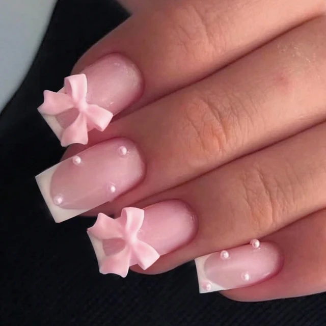 24pcs/set short square fake nails for women cute bride heart white french tips faux ongles y2k press on false nail supplies 8