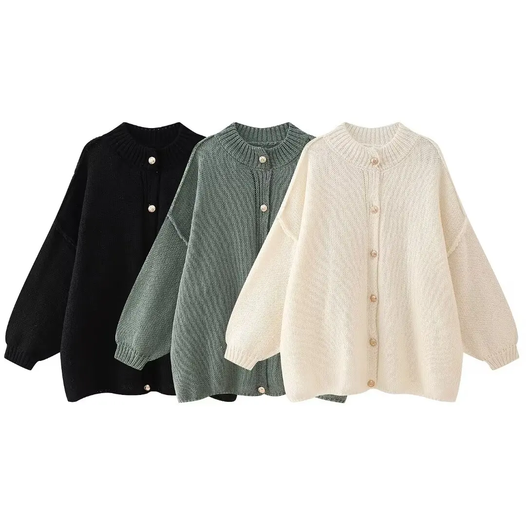 

Women New Fashion Metal Button Knitted Cardigan Sweater Vintage Long-Sleeved Loose All-Match Casual Female Outerwear Chic Tops