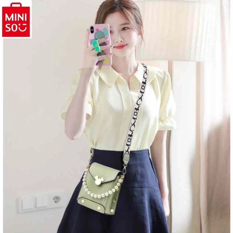MINISO Disney Mickey Sweet Lock Buckle Fashion Pearl Pendant Phone Bag Women's Multi functional Storage Small Square Bag