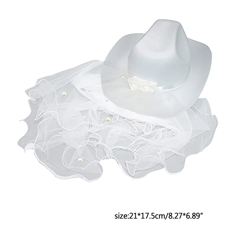 Women Bride Cowgirl Hat Wide Brim Bridal Western Style Shinning White Fedora Hat for Wedding Party Photoshoot Supplies