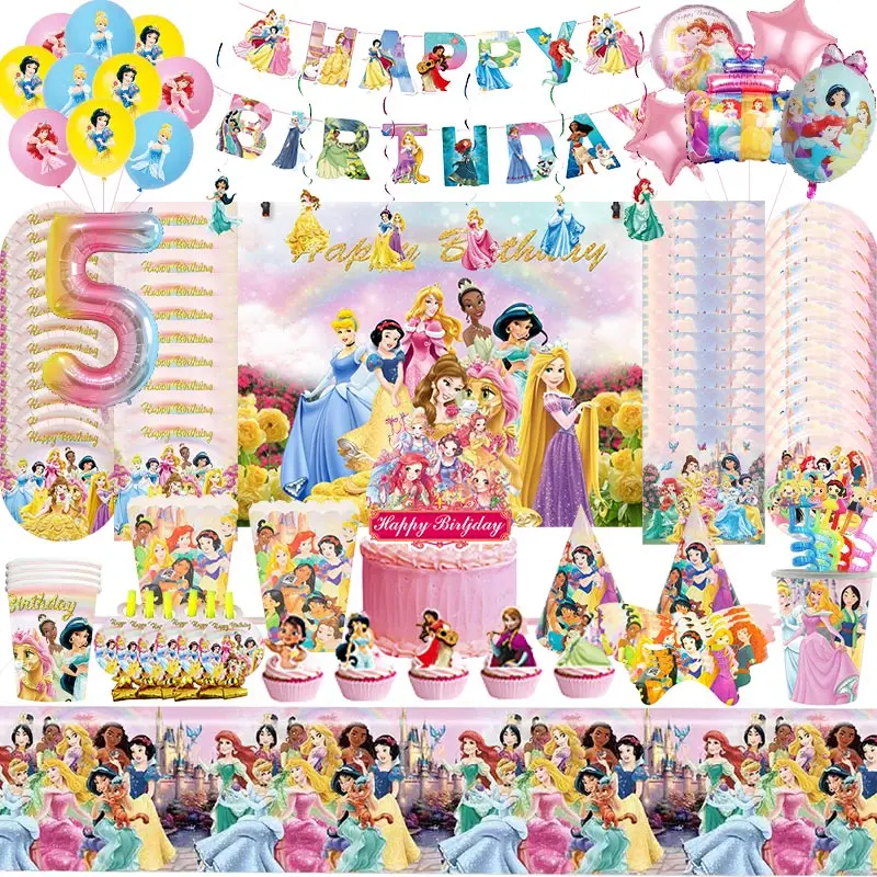 Disney Happy Girls Princess Birthday Party Decoration Forniture Stoviglie Tazze Cannucce Snow White Belle Balloons For Kids Favors