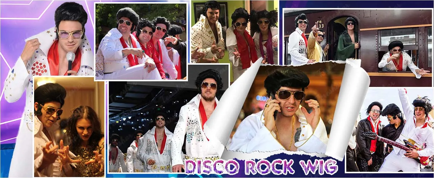 Synthetische 4-teiliges Set 50er Jahre Rock Perücke mit Sonnenbrille und Halskette für Männer Elvis Cosplay Perücke Sänger Rocker Kostüm Perücke für Party – Detail 1