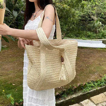 Elegante borsa da donna in tessuto di paglia Summer Beach Casual Tote borse con manico superiore borse a tracolla bohémien da donna di grande capacità