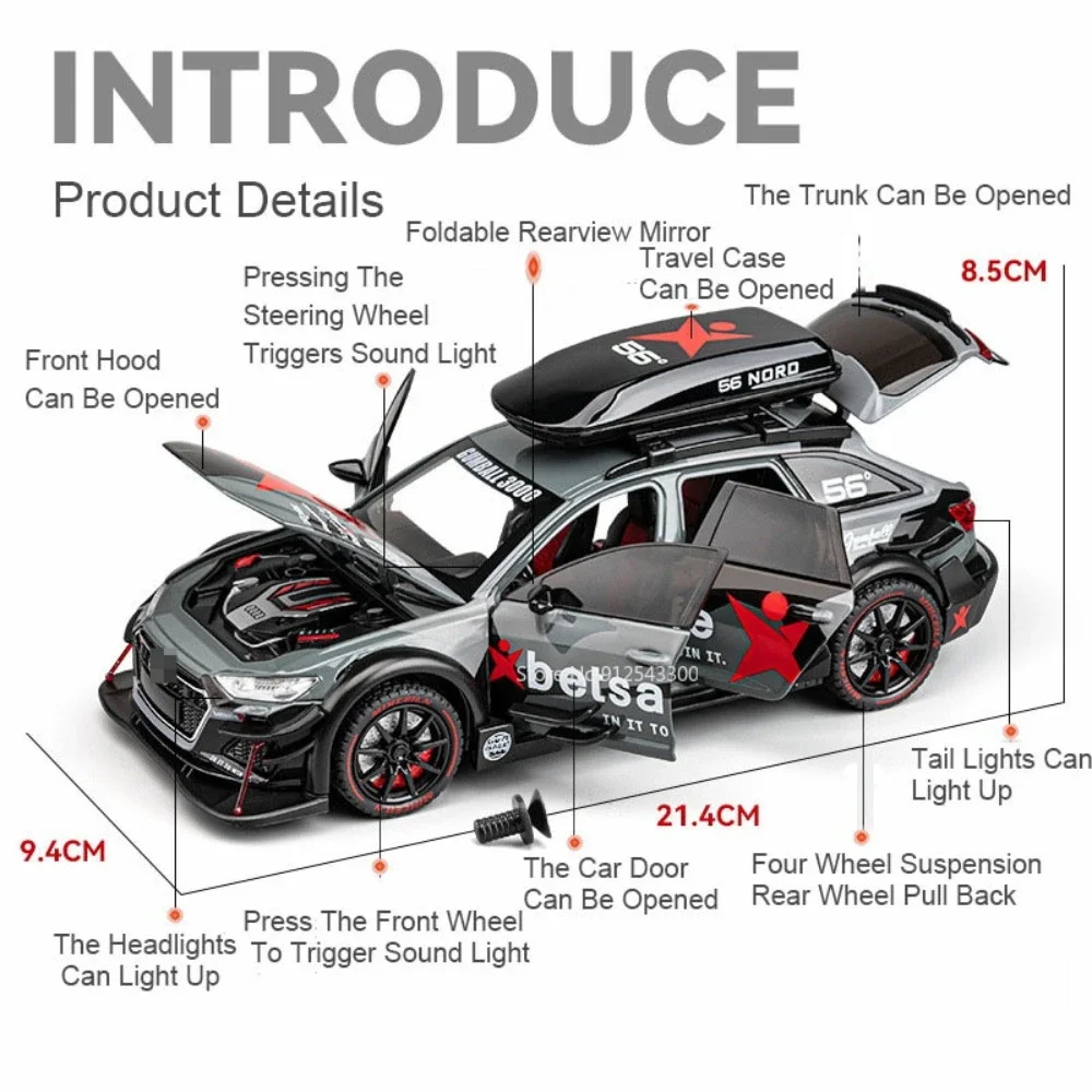 Scale 1:24 Audi RS6 Modified Version Alloy Toy Sports Car Model Doors Opened Music Light Miniature Vehicles for Kids Gifts Toys 2
