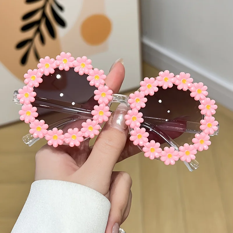 Children's Cute Daisy Charms Round Frame Fashion Glasses, For Boys Girls Holiday Party Outdoor Accessories, Photography Props