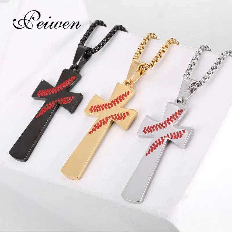 Baseball Cross Pendant Necklace Gold 