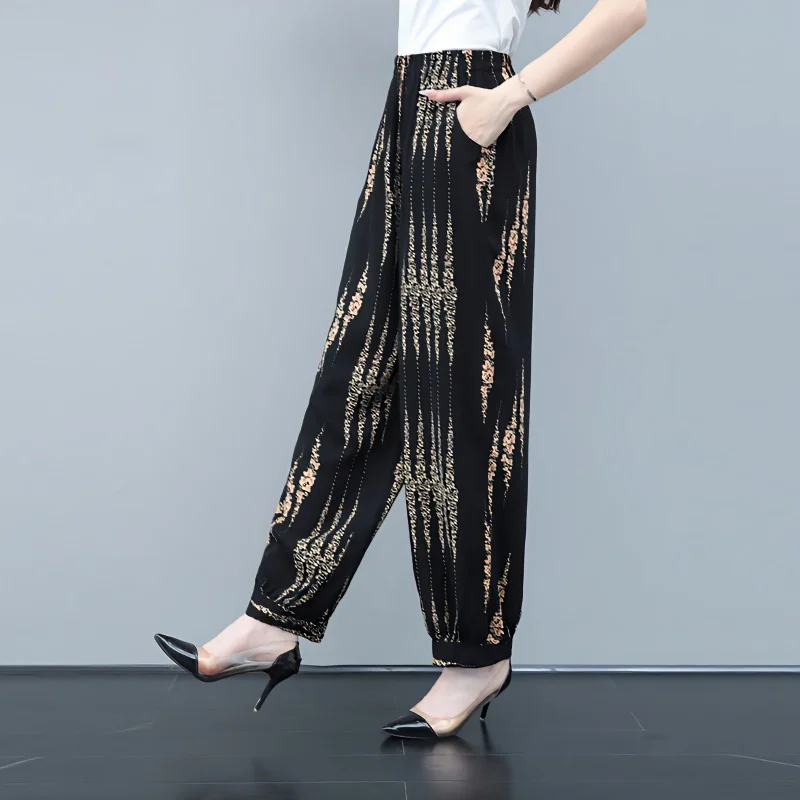 

Summer Print Casual Pants Women 2023 Elastic High Wasit Baggy Jogger Sweatpants Plus Size 5XL Middle-Aged Vintage Bloomers