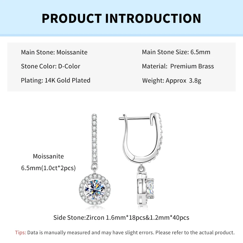 Rrjzz 1CT Rundschliff D VVS1 Moissanit Ohrhänger GRA Zertifiziert 14k Vergoldete Tropfen-Halo-Huggie-Creolen für Damen Schmuck – Detail 1