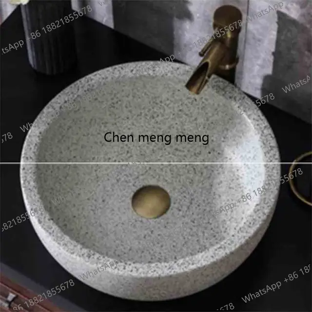 อ่างล้างหน้าแบบตั้งพื้นสำหรับระเบียงกลางแจ้ง สไตล์ย้อนยุค ดีไซน์สร้างสรรค์ ผิวแบบฝ้า ลายหินเทียม พร้อมก๊อกน้ำ 3