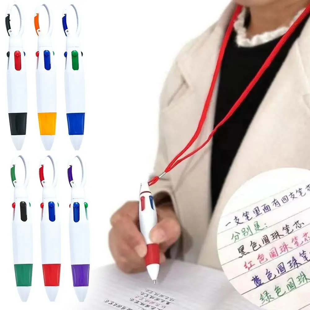 Portable Press Type Gel Pen Retractable 4 Color Inks Ballpoint Pens with Buckle Keychain For Office School Students Gift
