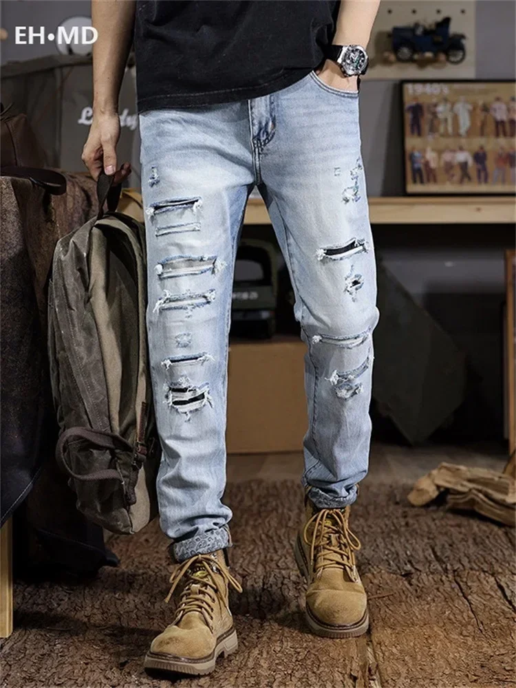 Men 3D Broken Hole Jeans Long Ink Splash Graffiti Pants 3D Inner Bleached Slim Fit High Elastic Zipper Trendy Cat Flipping Edge