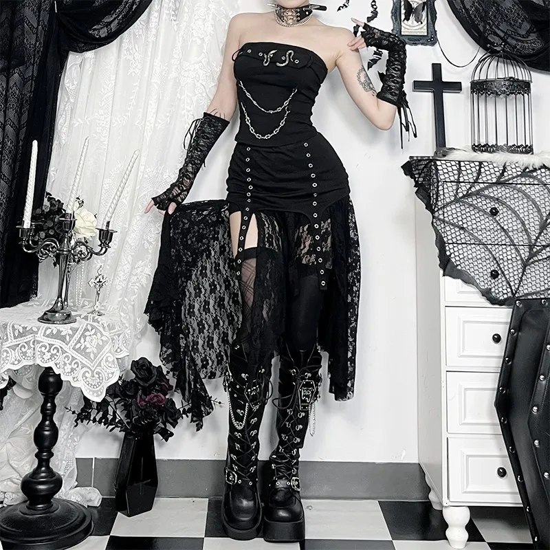 Gothic Dark Lace Skirt Women Streetwear Vintage Sexy See