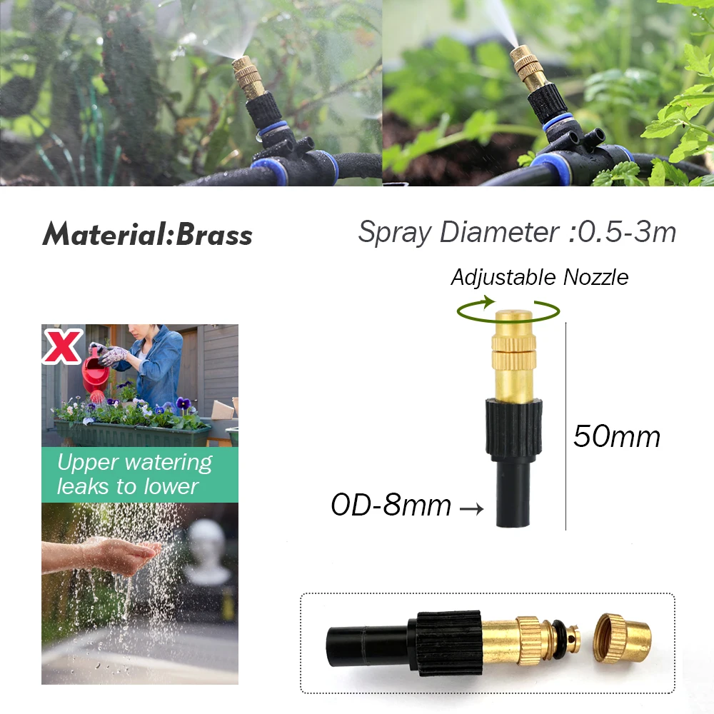 5PC Adjustable Brass Misting Nozzle with Tee Quick Connector for OD-8mm OD-12mm PE Hose Sprayer Garden Plants Atomizing Sprinkler