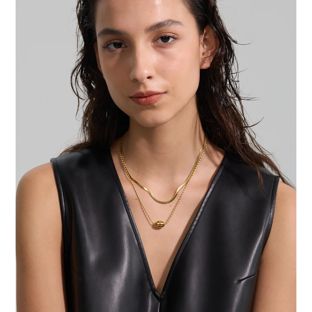 Yhpup Stainless Steel Double-Layer Snake Chain Stacking Necklace Pendant