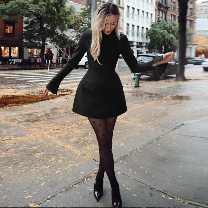 Elegant O Neck Long Sleeve Pactchwork Mini Zipper Women'S Dresses Winter Party Club Korean Wholesale Y2K Casual Clothes