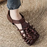 Véritable sandales femmes tissé à la main Style littéraire creux plat romain sandales dames chaussures d'été Sandalias 1