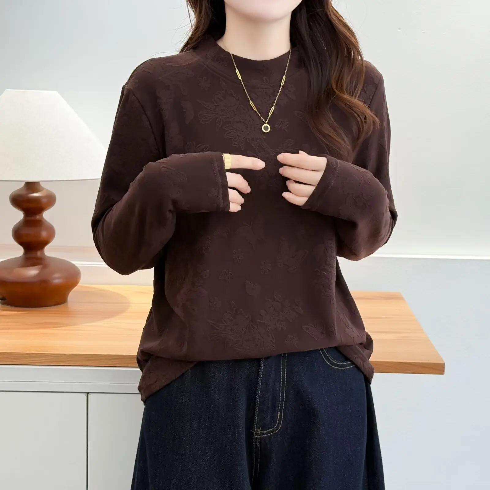 XXXXL Fashion Plus Size Women's T-Shirt New Style Fleece Warm Jacquard Long Sleeved Base Tops For 2025 Autumn And Winter 643