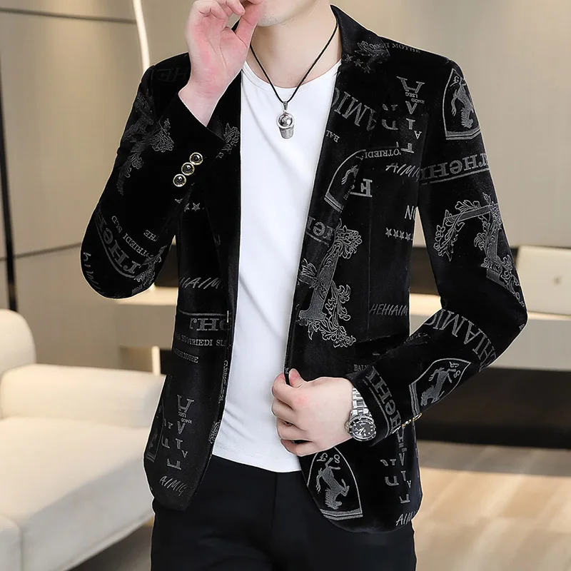 Men Blazers Brand Clothing Luxury Velvet Suit Jacket Men Fashion Bronzing Printed Blazer Masculino Slim Fit Casual Business Social Blazers