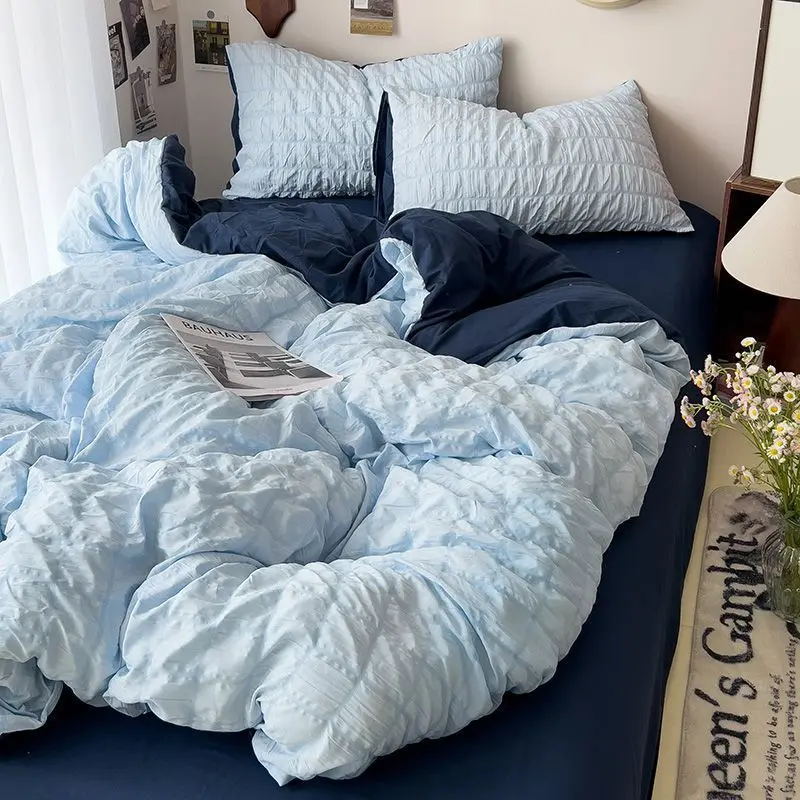 

Seersucker Princess Girls Bedding Set Duvet Cover Korean Four PIECE Washed Cotton Bed Sheet Cover Quilt Set 2024New