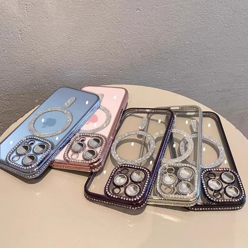 iPhone Case Bling Glitter Rhinestone Magnetic Wireless Charge Shockproof Jewelled Cover for iPhone 16 15 14 13 12 11 Pro Max Plus