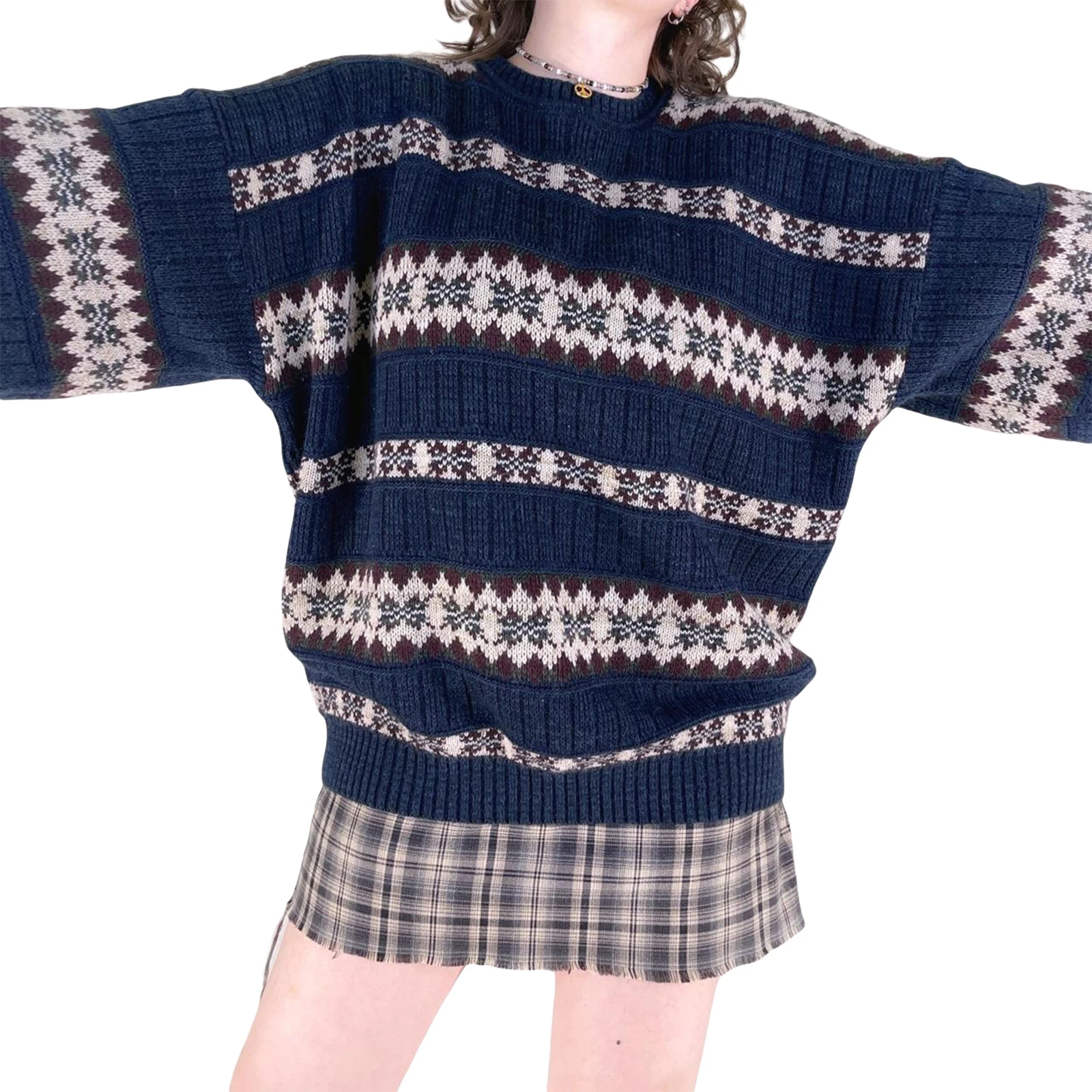 

Women’s Snowflake Print Sweaters, Long Sleeve Drop Shoulder Loose Knit Pullovers