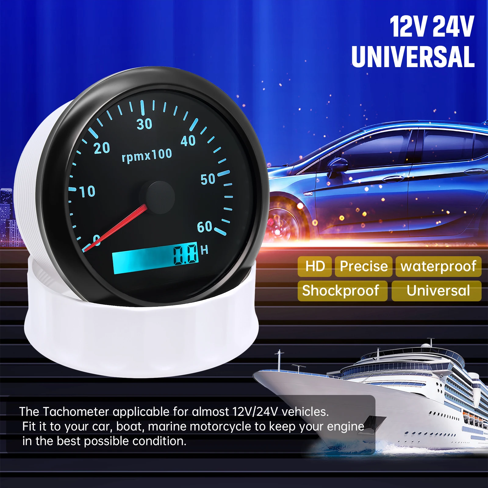 85mm Tachometer With 7 Colors Backlight 3000 4000 6000 RPM Meter With Digital Ho