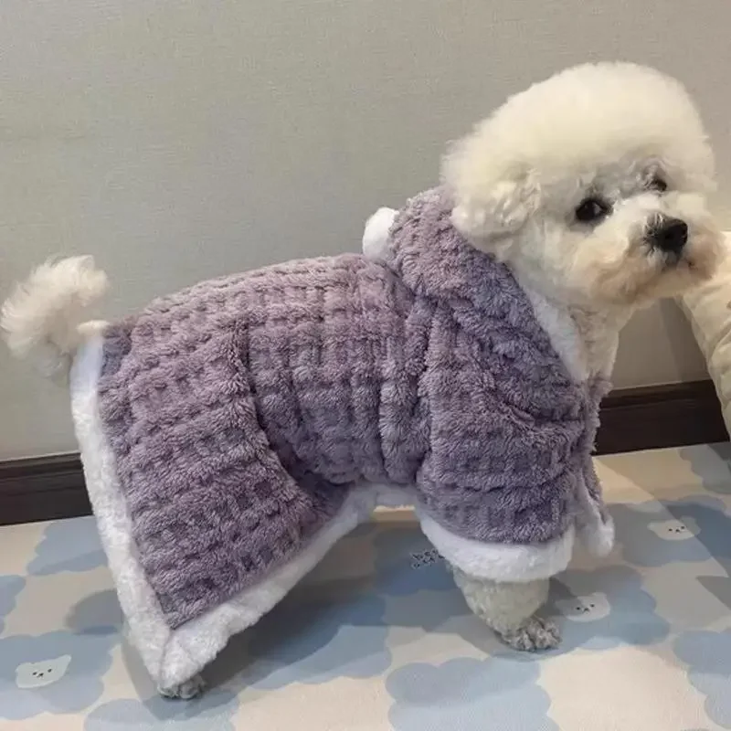 플란넬 강아지 옷 겨울 따뜻한 코트 애완동물 의류 수면 담요 소형 및 중형견, 고양이 로브 체크무늬 후드 망토