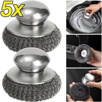 Brosse de cuisine en acier inoxydable, avec poignées, boule métallique pour la vaisselle, épurateur métallique robuste, outil de nettoyage de casserole domestique, 5/1 pièces 1