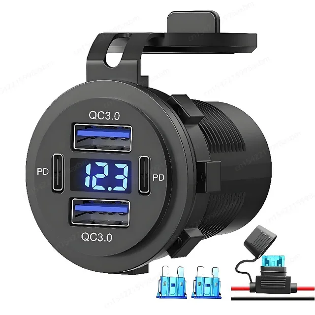 12 Volt USB C Outlet Dual Quick Charge 3.0 Port & Dual PD Type-C Car Charger Socket with Voltmeter for Car Boat Marine Truck Bus