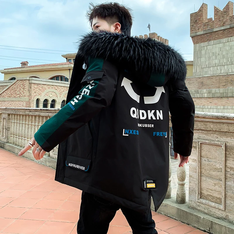 Classic Casual Mens Winter Hooded Cotton-Padded Jacket Outwear Warm Thick Parkas Detachable Fur Collar Down Coat Top Windbreaker