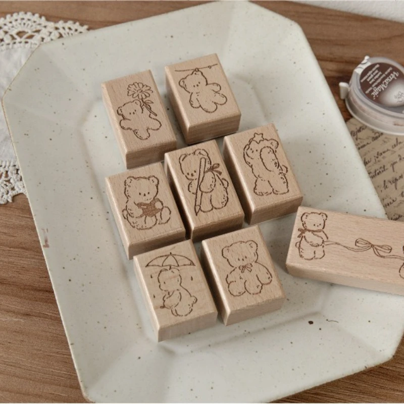 리틀 베어 타임 북 시리즈 나무 스탬프 사랑스러운 곰 공예 나무 스탬프 카드 만들기 저널 DIY 스크랩북 사진 앨범