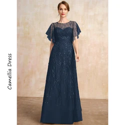 New A-line Evening Scoop Illusion Dress Elegant And Pretty Women's Dresses Lace Sequins Mother of the Bride Dresses Vestido