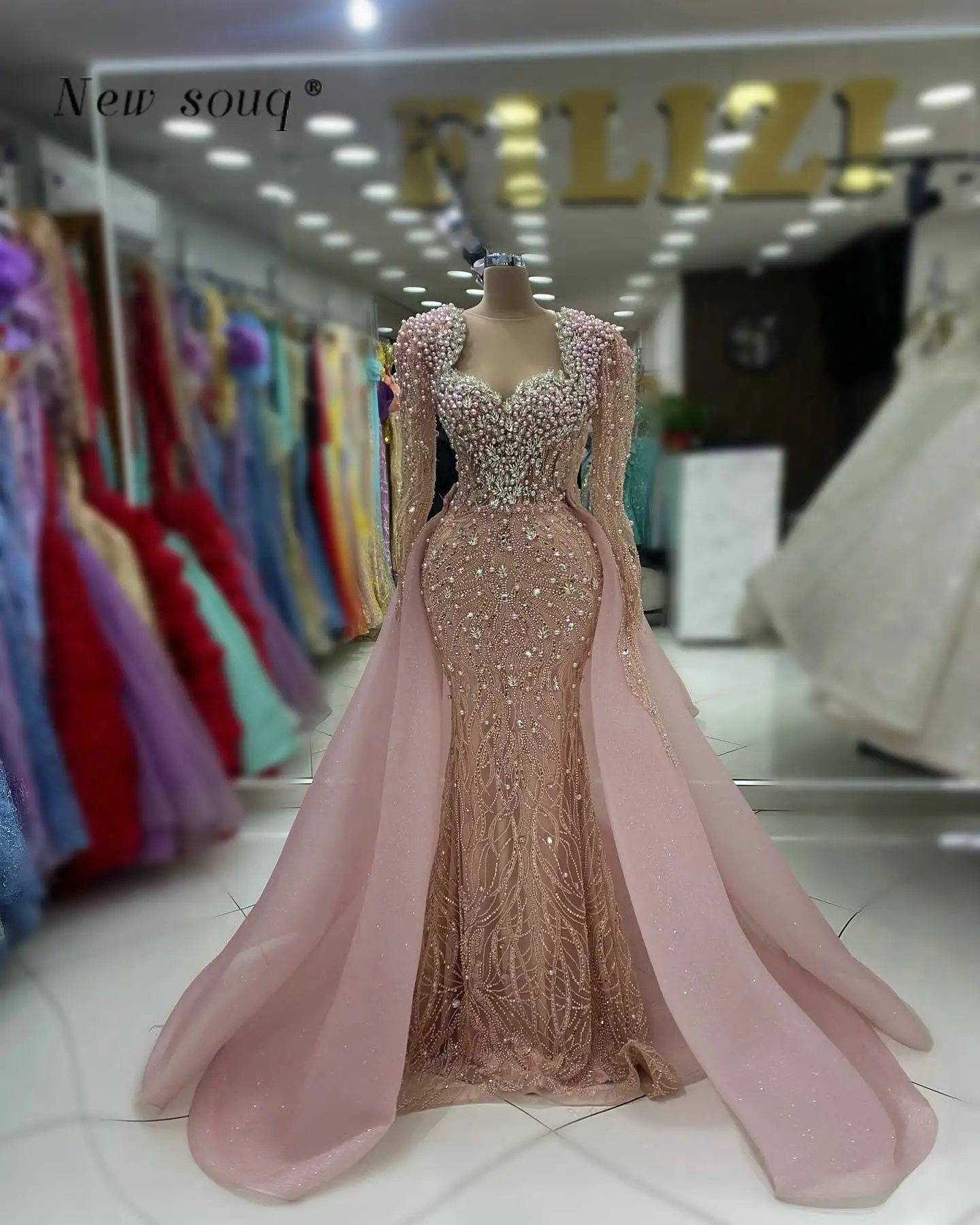 

Мягкие розовые вечерние платья из двух частей с длинным рукавом арабское официальное платье с блестками нарукавники Русалка вечернее платье