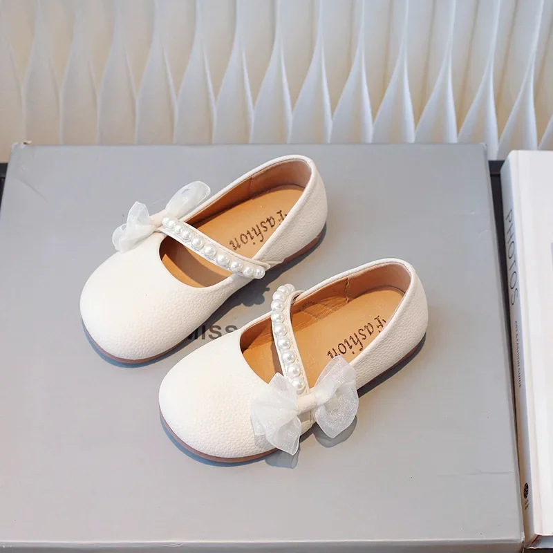 Girl Princess Leather Shoes Chic Versatile Soft Elegant Fashion Lace Bowknot Beading Kid Loafers Wedding Slip-on Mary Janes leather shoes,mary jane shoes,girls shoes