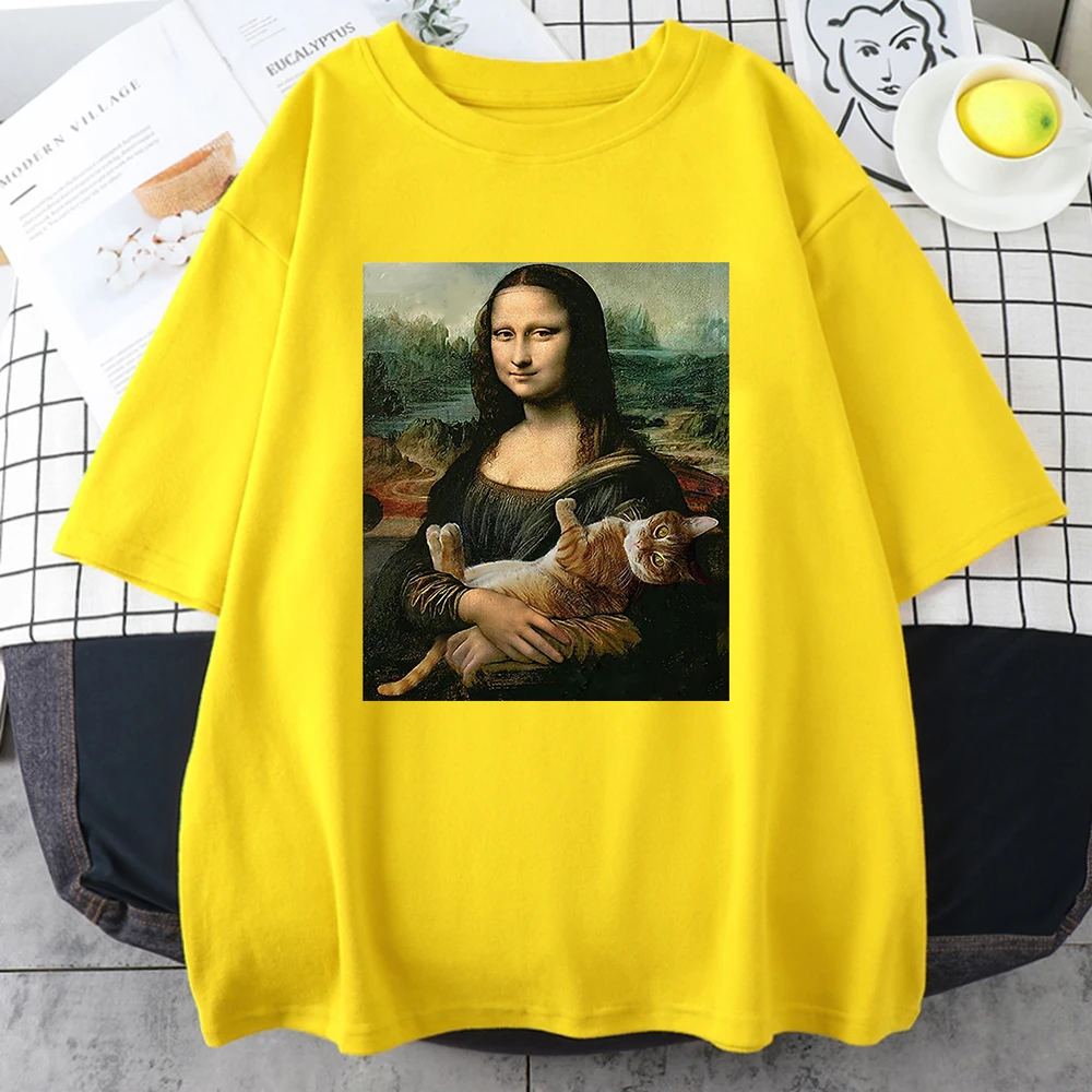 Funny Mona Lisa And Cat Printed T-Shirt For Men Summer Cotton T Shirt Loose Breathable Clothing Street Fashion Casual Short Tees