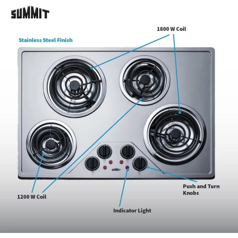 Summit 30" 4 Burner Electric Cooktop, 230 Volt Coil Electric Cooktop, ADA compliant, Stainless Steel- CR430SS 6