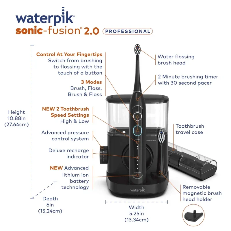 QWWaterpik Sonic-Fusion 2.0 Professional Flossing Toothbrush,Electric Toothbrush and Water Flosser Combo In One,Black