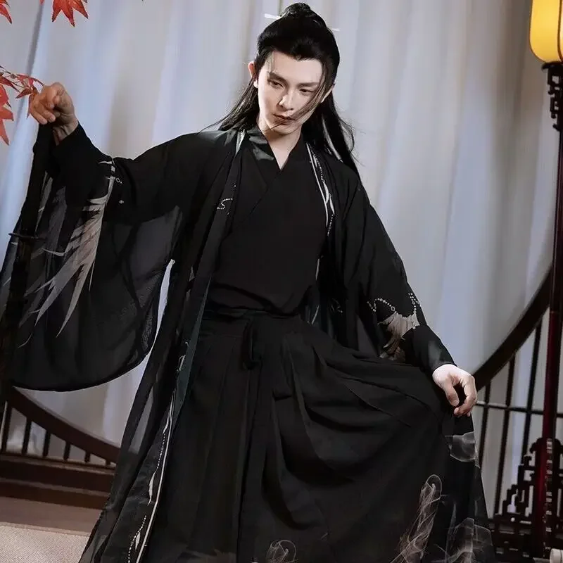

Наборы ханфу мужской Китайский традиционный винтажный принт Hanfu костюм для косплея на Хэллоуин старинный черный Hanfu 3 шт. в комплекте размера плюс 2XL
