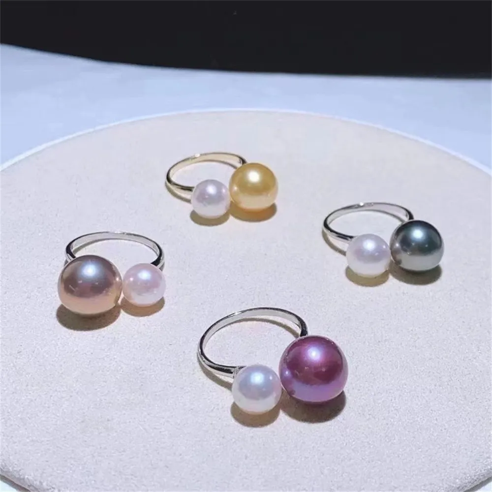 

DIY Pearl Ring Accessories S925 Sterling Silver Ring Empty Holder Double Bead Gold Silver Jewelry Set Fit 7-10mm Round Z122