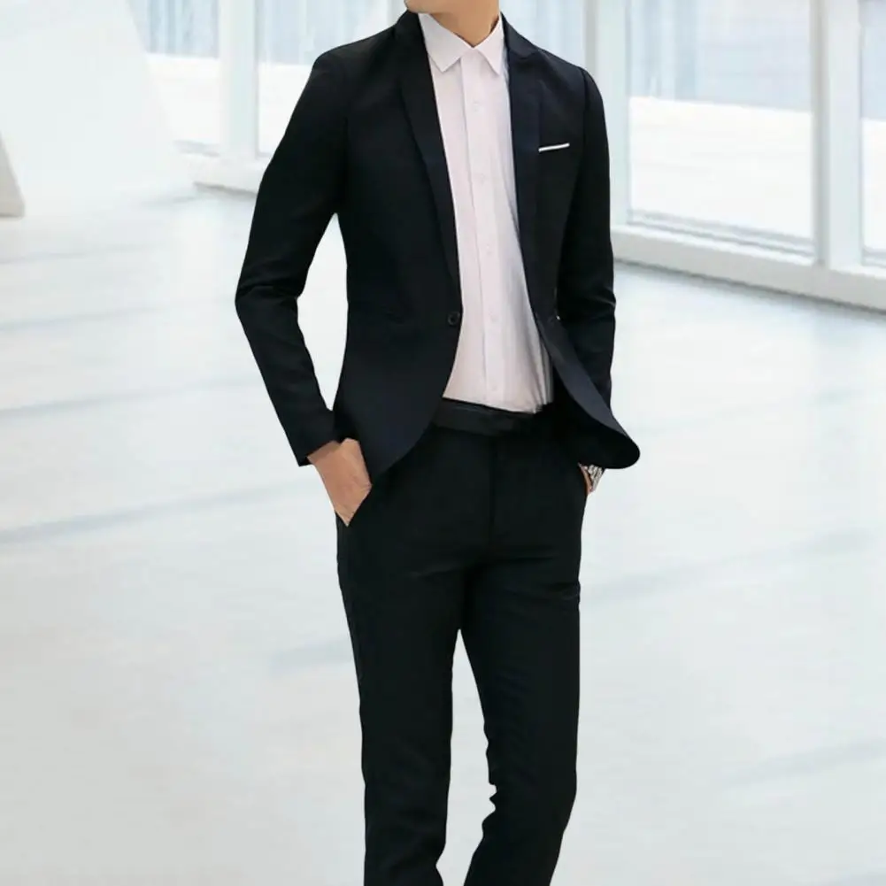 1 Set Blazer Pants Slim Fit Groom Suit Slimming Pure Color Blazer Pants
