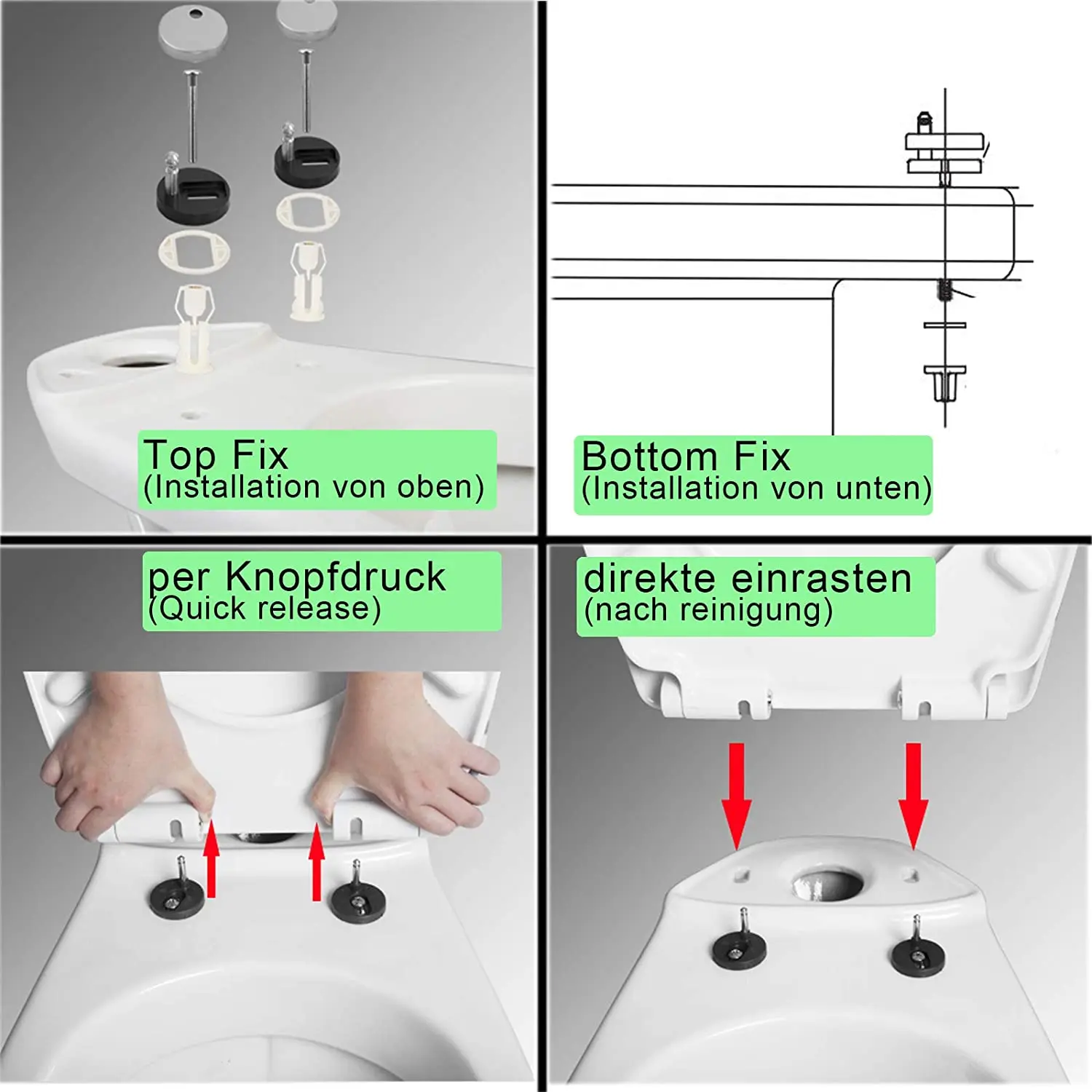 WOLTU Weißer antibakterieller Toilettensitz mit Soft-Close-Mechanismus, schnelle Befestigung/Schnellbefestigung, Duroplast-Beschichtung, waschbare Toilettendeckel – Detail 5