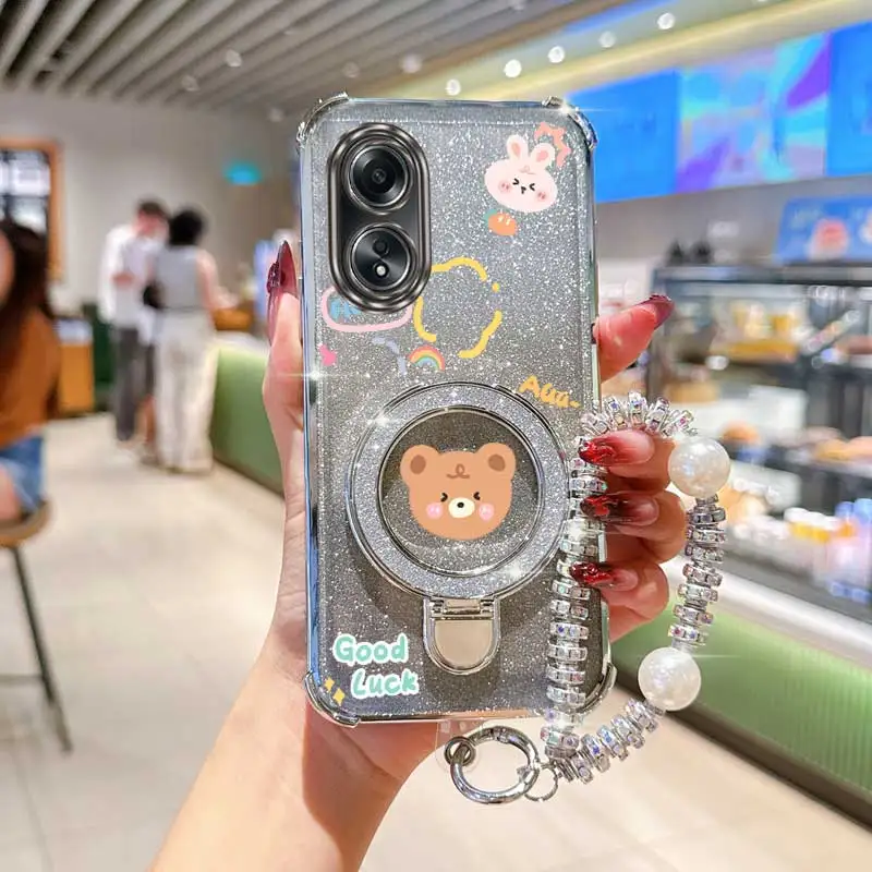 Pearl Strap Glitter Cute Bear Phone Holder Case