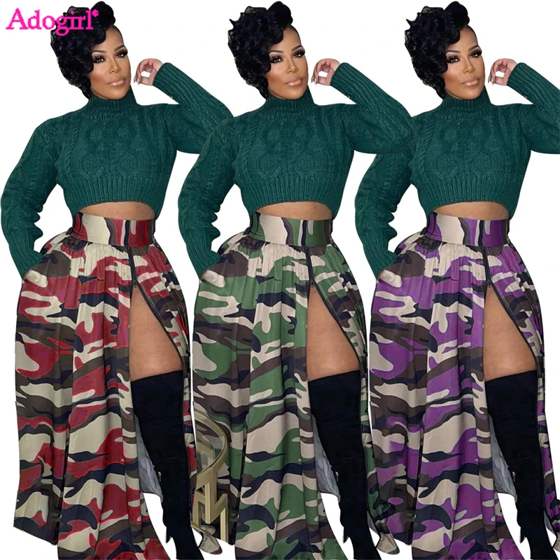 

Юбка-макси Женская камуфляжная трапециевидная на молнии с высокой талией и разрезом